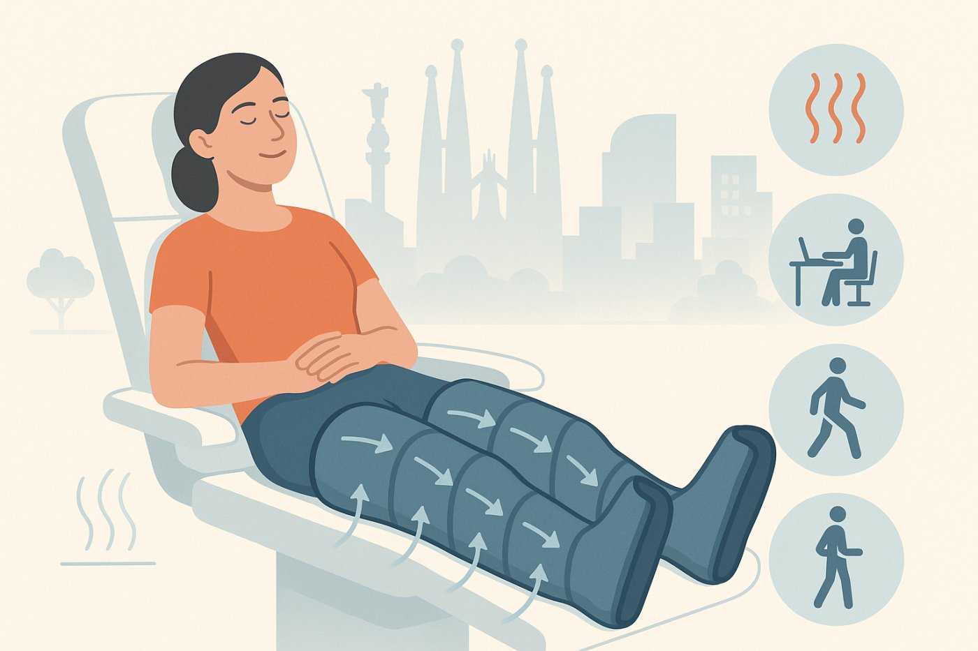 Beneficios de la presoterapia en Barcelona en días de calor, muchas horas sentada o de pie y ritmo urbano: cuándo se nota más